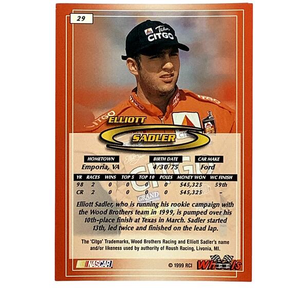 Elliott Sadler, Sponsor: Citgo, Card 29, 1999 Wheels NASCAR Winston Cup, NM+ - Picture 3 of 4